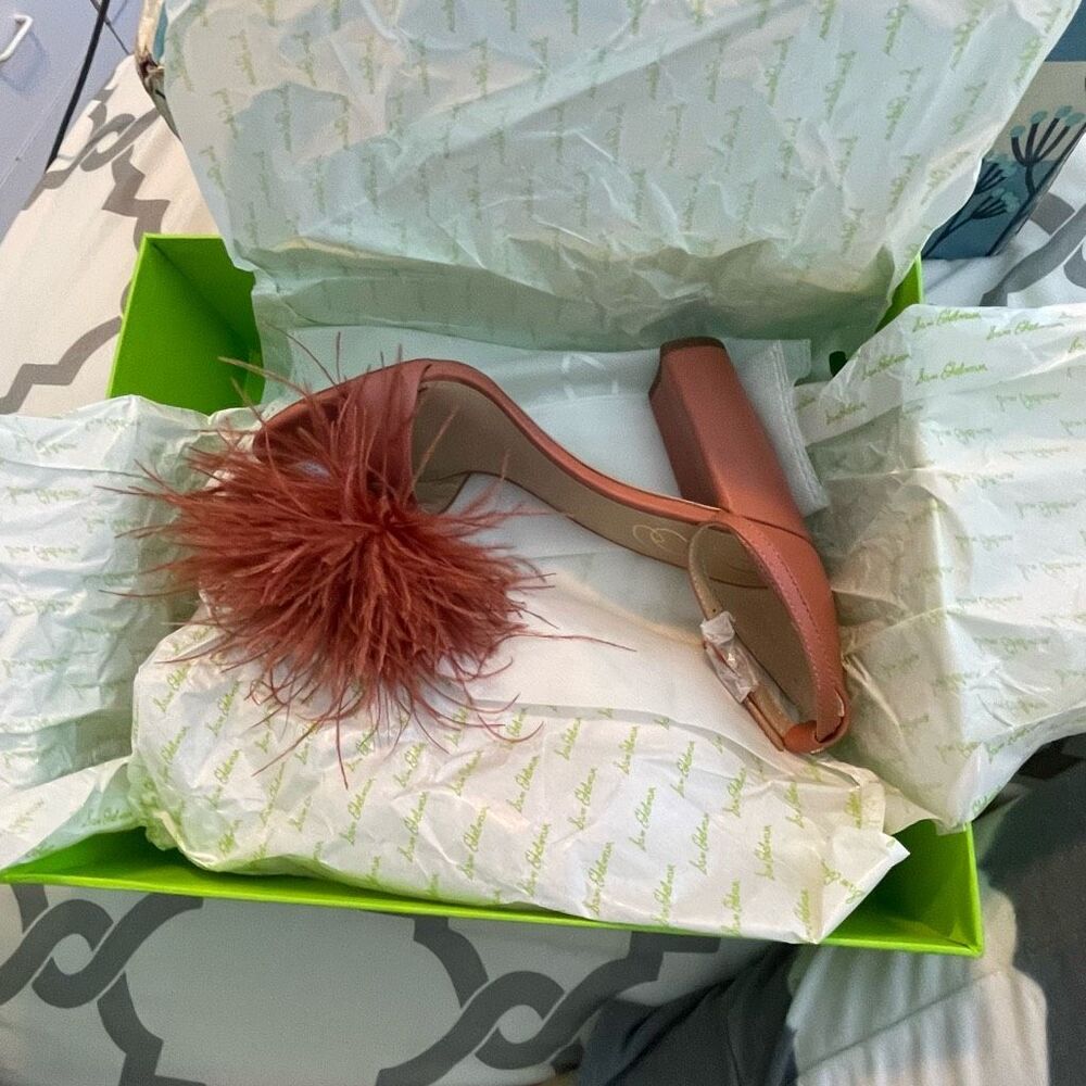 Sam Edelman Rust Feather Pom-Pom Ankle Strap Block Heel Sandals NWOT - Picture 9 of 9